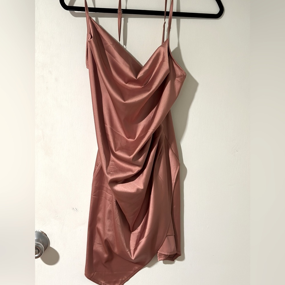 Shein dusty rose pink cowl neck cocktail dress - adjustable asymmetrical